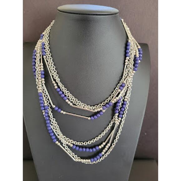 Premier Designs True Blue Necklace with 4 Strands Silver Tone and Navy Beads - Picture 1 of 4